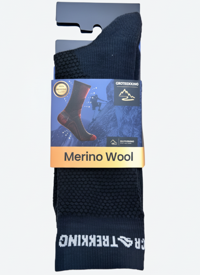 A pair of Merino wool socks packaged on a cardboard retail packaging with the brand name 'Crotrekking' and the product name 'Merino Wool Socks' displayed.