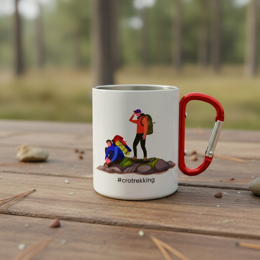 A white ceramic mug with a Croatian trekking logo and an illustration of two people hiking. It has a red carabiner attached to it.